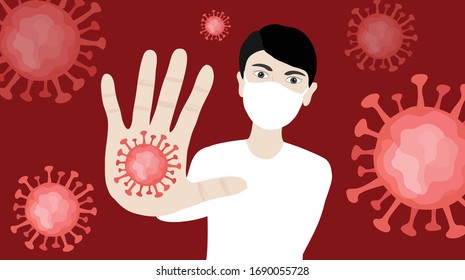 Stop COVID-19 concept man raising hand with COVID- 19 disease background vector illustration