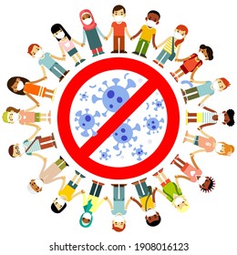 Stop COVID-19 concept prevention disease with circular group of children. Crowd of people in protective medical masks standing around coronavirus sign. Health care, pneumonia prevention and vaccination.