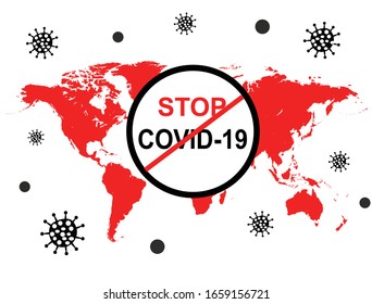 Stop COVID-19 concept red world map with stop covid-19 sign vector illustration. COVID-19 prevention design background 