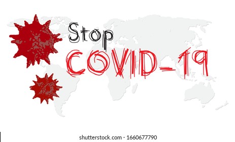 Stop COVID-19 concept red world map with stop covid-19 sign vector illustration. COVID-19 prevention design background