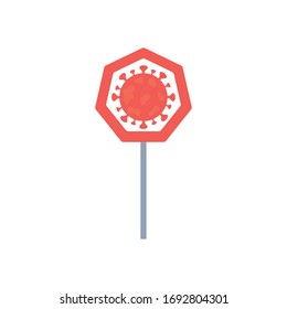 stop covid19 concept, road sign with coronavirus symbol icon over white background, flat style, vector illustration