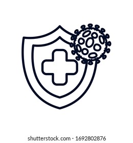 stop covid19 concept, shield with coronavirus symbol and medical cross icon over white background, line style, vector illustration