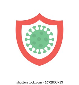 concepto stop covid19, escudo con símbolo coronavirus sobre fondo blanco, estilo plano, ilustración vectorial