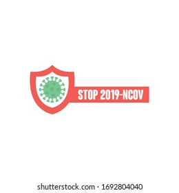 Stopp-covid19-Konzept mit Schild mit Virussymbol auf weißem Hintergrund, flacher Stil, Vektorillustration-Illustration
