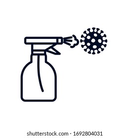 concepto stop covid19, símbolo del frasco spray y del coronavirus sobre fondo blanco, estilo de línea, ilustración vectorial