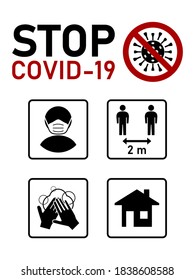 Stop Covid-19 Coronavirus Instruction Icon Set including Wear a Face Mask or Face Covering, Keep Your Distance 2 m or 2 Metres, Wash Your Hands and Stay at Home. Vector Image.