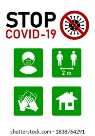 Stop Covid-19 Coronavirus Instruction Icon Set including Wear a Face Mask or Face Covering, Keep Your Distance 2 m or 2 Metres, Wash Your Hands and Stay at Home. Vector Image.