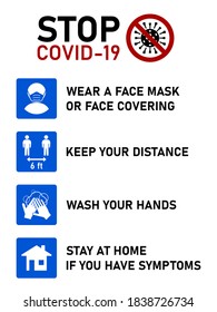 Stop Covid-19 Coronavirus Instructions in English including Wear a Face Mask or Face Covering, Keep Your Distance 6 ft or 6 Feet, Wash Your Hands and Stay at Home If You Have Symptoms. Vector Image.