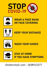 Stop Covid-19 Coronavirus Instructions in English including Wear a Face Mask or Face Covering, Keep Your Distance 6 ft or 6 Feet, Wash Your Hands and Stay at Home If You Have Symptoms. Vector Image.