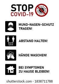 Stop Covid-19 Coronavirus Instructions in German including Wear a Face Mask or Face Covering, Keep Your Distance 1,5 m, Wash Your Hands and If You Have Symptoms Stay at Home. Vector Image.