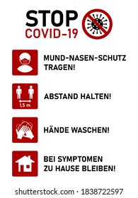 Stop Covid-19 Coronavirus Instructions in German including Wear a Face Mask or Face Covering, Keep Your Distance 1,5 m, Wash Your Hands and If You Have Symptoms Stay at Home. Vector Image.