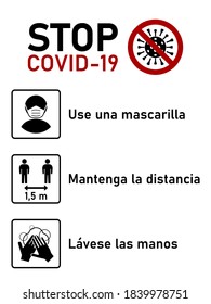 Stoppen Sie Covid-19 Coronavirus Regeln In spanischer Sprache setzen, einschließlich una mascarilla (Tragen Sie eine Gesichtsmaske), Mantenga la distancia (Ihre Entfernung halten) 1,5 m und Lavese las manos (Waschen Sie Ihre Hände). Vektorbild.