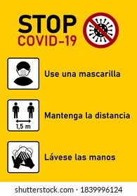 Stop Covid-19 Coronavirus Rules Set in Spanish including Use una mascarilla (Wear a Face Mask), Mantenga la distancia (Keep Your Distance) 1,5 m and Lavese las manos (Wash your hands). Vector Image.