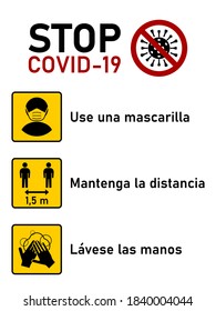 Stoppen Sie Covid-19 Coronavirus Regeln In spanischer Sprache setzen, einschließlich una mascarilla (Tragen Sie eine Gesichtsmaske), Mantenga la distancia (Ihre Entfernung halten) 1,5 m und Lavese las manos (Waschen Sie Ihre Hände). Vektorbild.