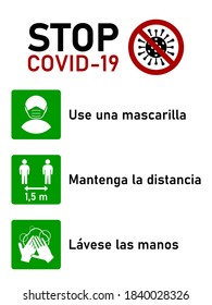 Stoppen Sie Covid-19 Coronavirus Regeln In spanischer Sprache setzen, einschließlich una mascarilla (Tragen Sie eine Gesichtsmaske), Mantenga la distancia (Ihre Entfernung halten) 1,5 m und Lavese las manos (Waschen Sie Ihre Hände). Vektorbild.