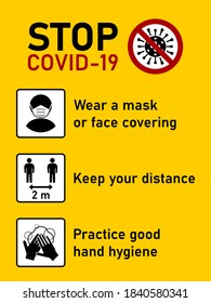 Stop Covid-19 Coronavirus Rules Set including Wear a Mask or Face Covering, Keep Your Distance 2 m or 2 Metres and Practice Good Hand Hygiene. Vector Image.