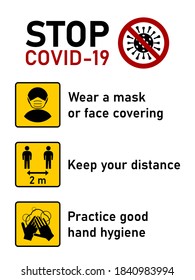 Stop Covid-19 Coronavirus Rules Set including Wear a Mask or Face Covering, Keep Your Distance 2 m or 2 Metres and Practice Good Hand Hygiene. Vector Image.