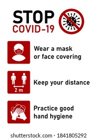 Stop Covid-19 Coronavirus Rules Set including Wear a Mask or Face Covering, Keep Your Distance 2 m or 2 Metres and Practice Good Hand Hygiene. Vector Image.