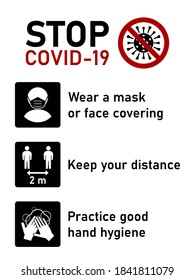 Stop Covid-19 Coronavirus Rules Set including Wear a Mask or Face Covering, Keep Your Distance 2 m or 2 Metres and Practice Good Hand Hygiene. Vector Image.