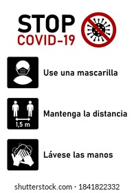 Stoppen Sie Covid-19 Coronavirus Regeln In spanischer Sprache setzen, einschließlich una mascarilla (Tragen Sie eine Gesichtsmaske), Mantenga la distancia (Ihre Entfernung halten) 1,5 m und Lavese las manos (Waschen Sie Ihre Hände). Vektorbild.