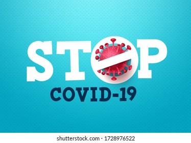 Stop covid-19 coronavirus vector sign. Stop covid-19 text with corona virus icon in blue pattern background for global covid19 outbreak. Vector illustration.
