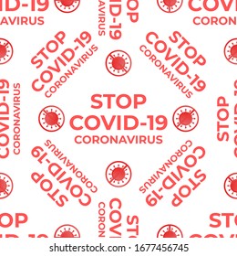 STOP COVID-19 CORONOVIRUS Seamless pattern. Vector Surface texture design red text opposite directions on white background. Coronavirus icon.