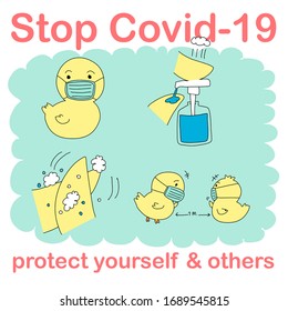stop covid-19 with cutie duck.illustration.vector.