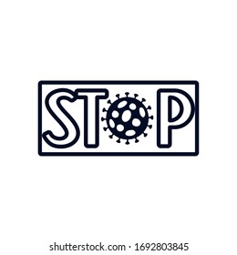 Stopp covid19-Design mit Virussymbol auf weißem Hintergrund, Linienstil, Vektorgrafik