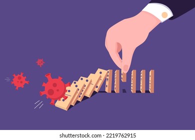 Stop Covid-19 domino effect. Corona economy. Spread help in crisis. Business risks of virus. Chain of actions. Hand with falling bones and microbes. Vector illustration recent concept