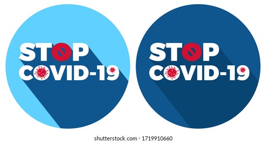 STOP Covid-19, stop global spread dangerous corona virus, pandemic risk alert stop sign illustration concept with long shadow effect isolated on classic blue color.