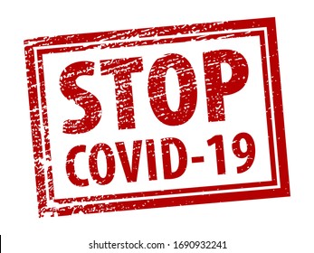 STOP COVID-19 grunge rubber rectangle stamp on white background.   Red vector rectangle textured seal stamp with STOP COVID-19 text inside rectangle.  Stock vector. EPS10.