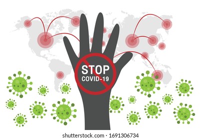 Stop COVID-19, hand front to wold map. Coronavirus pandemic. black hand. vector illustration flat style.