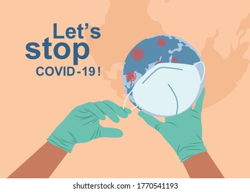 Stop COVID-19, hand front to wold map. Coronavirus pandemic. 