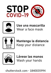 Stop Covid-19 Icons in Spanish and English including Use una mascarilla (Wear a Face Mask), Mantenga la distancia (Keep Your Distance) 1,5 m and Lavese las manos (Wash your hands). Vector Image.