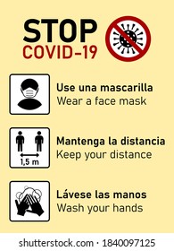 Stop Covid-19 Icons in Spanish and English including Use una mascarilla (Wear a Face Mask), Mantenga la distancia (Keep Your Distance) 1,5 m and Lavese las manos (Wash your hands). Vector Image.