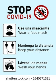 Parar Iconos Covid-19 en español e inglés incluyendo Usar una mascarilla (Usa una máscara facial), Mantenga la Recolección (Mantén tu distancia) 1,5 m y Lavese las manos. Imagen vectorial.