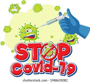 Stop Covid-19 logo or banner with covid-19 vaccine bottle and coronavirus sign illustration