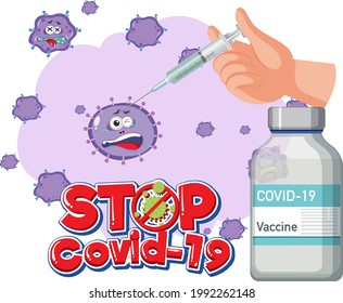 Stop Covid-19 logo or banner with covid-19 vaccine bottle and coronavirus sign illustration