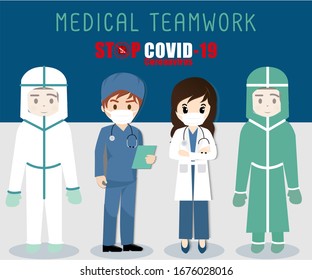 STOP COVID-19, Medical Teamwork, Professional medical team. Health Care, Banner design for website or your idea. Can use for backgrounds, infographics, Flat isometric vector illustration isolated.