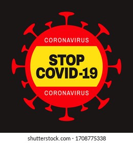 Stop COVID-19 notice on red and yellow virus shape symbol