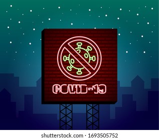 stop covid19 particle neon light label vector illustration design