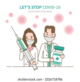 Let’s stop COVID-19. Person wearing a face mask. Coronavirus vaccine. COVID-19 Vaccination against virus. Flat design style men and woman characters.