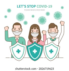 Let’s stop COVID-19. Person wearing a face mask. Coronavirus vaccine. COVID-19 Vaccination against virus. Flat design style men and woman characters.