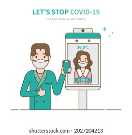 Let’s stop COVID-19. Person wearing a face mask. Vaccinated person holding mobile phone. Green pass. QR code. Flat design style men and woman characters.