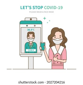 Let’s stop COVID-19. Person wearing a face mask. Vaccinated person holding mobile phone. Green pass. QR code. Flat design style men and woman characters.