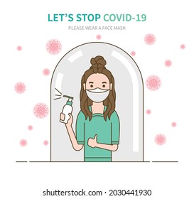 Let’s stop COVID-19. Person wearing a face mask. Virus prevention concept. Woman under a glass dome isolating herself from virus. Illustration protection against virus.