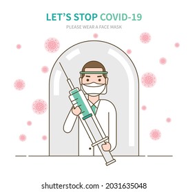 Let’s stop COVID-19. Person wearing a face mask. Virus prevention concept. Man under a glass dome isolating himself from virus. Illustration protection against virus.