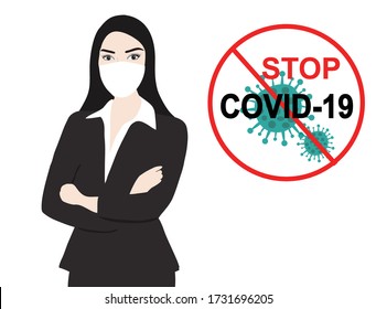 Stop COVID-19 Sign With Business Woman Wearing Face Mask To Prevent Covid-19 Coronavirus Disease Vector Illustration