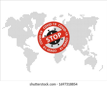 Stop Covid-19. Stop sign on world map. Coronavirus is danger to all mankind. Concept for news about epidemic.