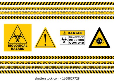 Detener el signo Covid-19. Cinta De Advertencia De Precaución Sin Precauciones. Amarillo Y Negro. Cinta de peligro. Juego de cintas de atención amarilla. Señales de advertencia. Líneas de precaución. Ilustración vectorial. Firmar Virus de detención. Signo de parada de pandemia.
